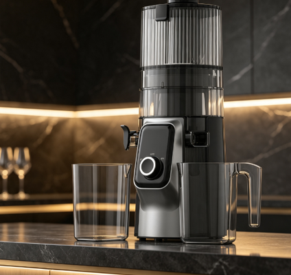 Frischer Smart HJ102C Langsam kauender Entsafter         Der Entsafter, der das Wohlbefinden mit 3 einstellbaren Geschwindigkeiten, 135mm breiter Schieberegler, 200W Kaltpresse und Selbstreinigung wunderbar macht