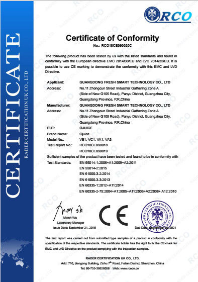 China Guangdong Fresh Smart Technology Co., LTD zertifizierungen